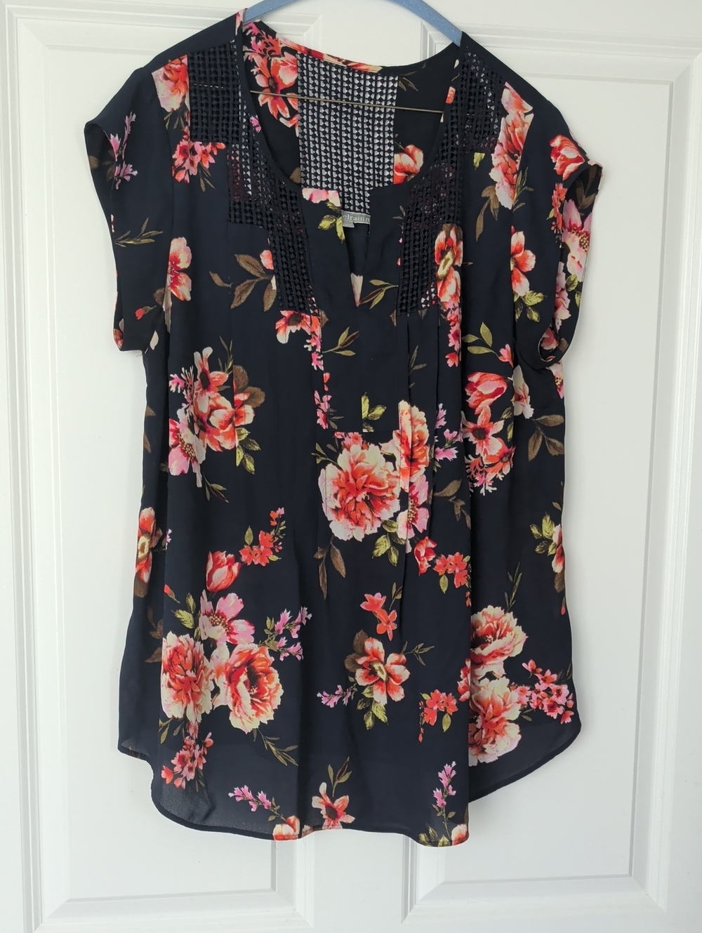 Daniel Rainn Navy Floral V-Neck Blouse with Crochet Insets